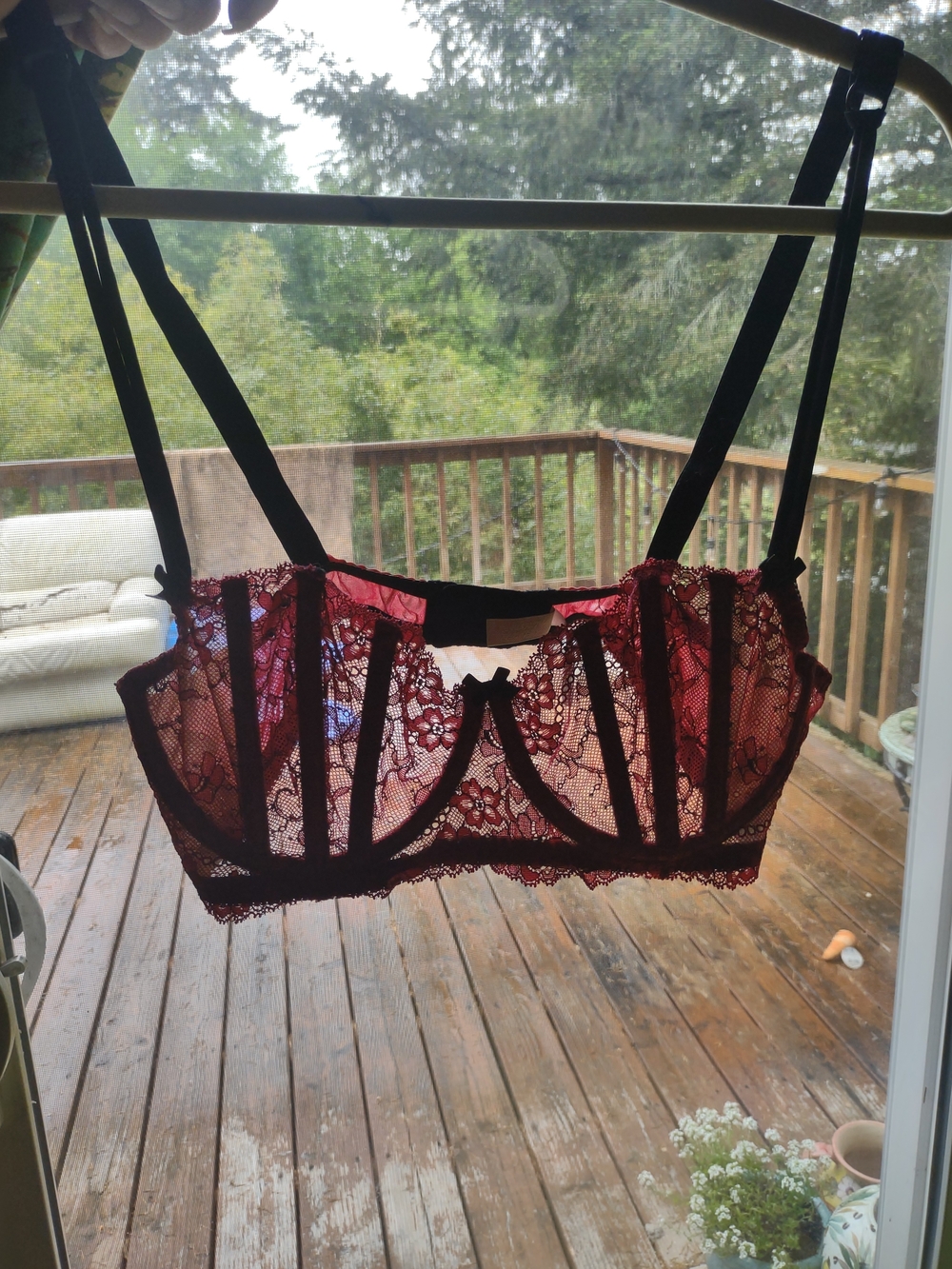 Victoria's Secret Burgundy Lace Balconette Bra with Black Trim